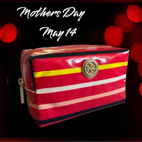 TORY BURCH NEW MAKEUP COSMETIC BAG BRIGITTE RED STRIPE ZIP Mother Day gift - Picture 8 of 10